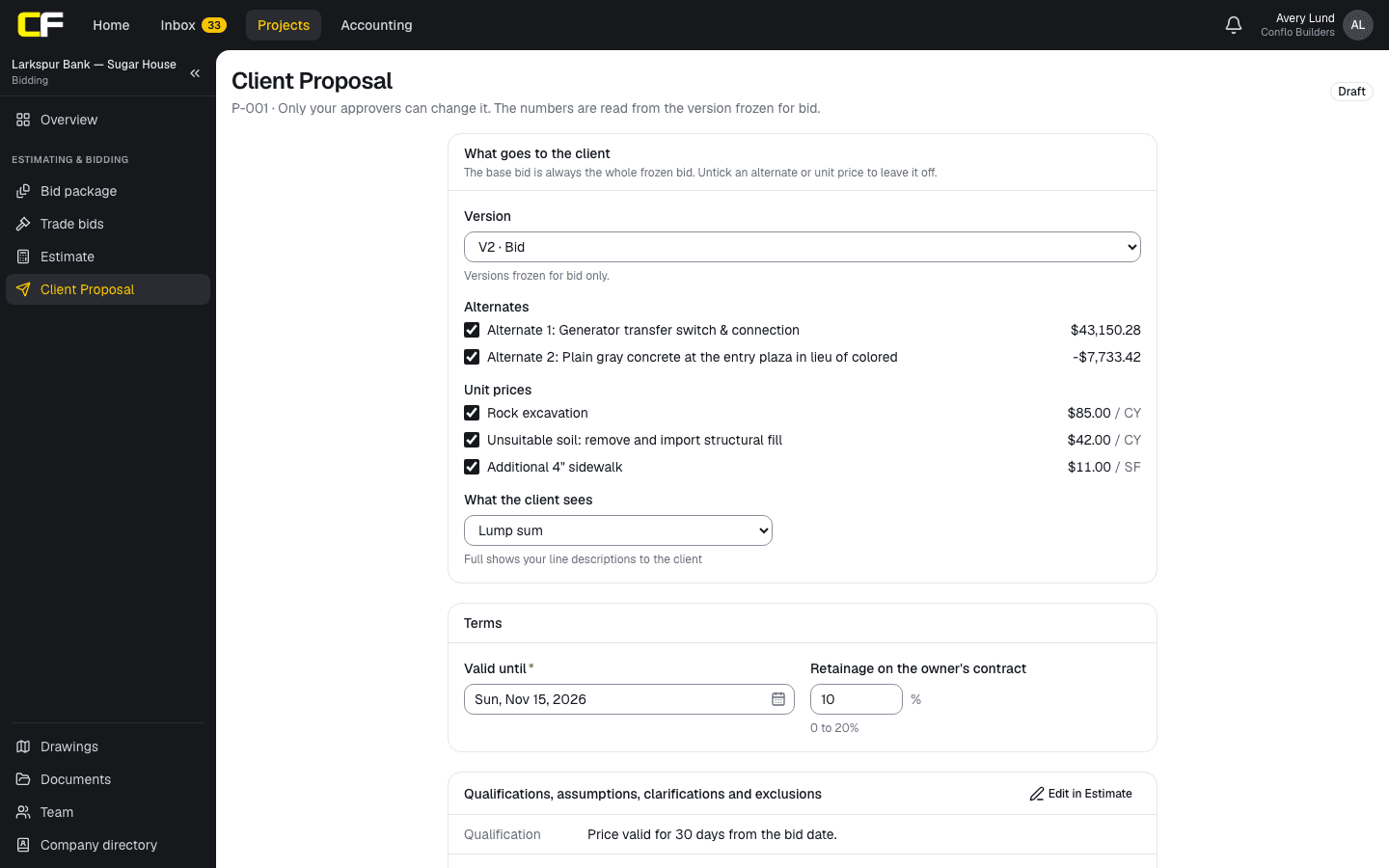 The Client Proposal in Conflo: the frozen bid version it reads from, alternates and unit prices ticked to include, how much detail the client sees, the validity date and retainage terms, and the qualifications and exclusions carried from the estimate.