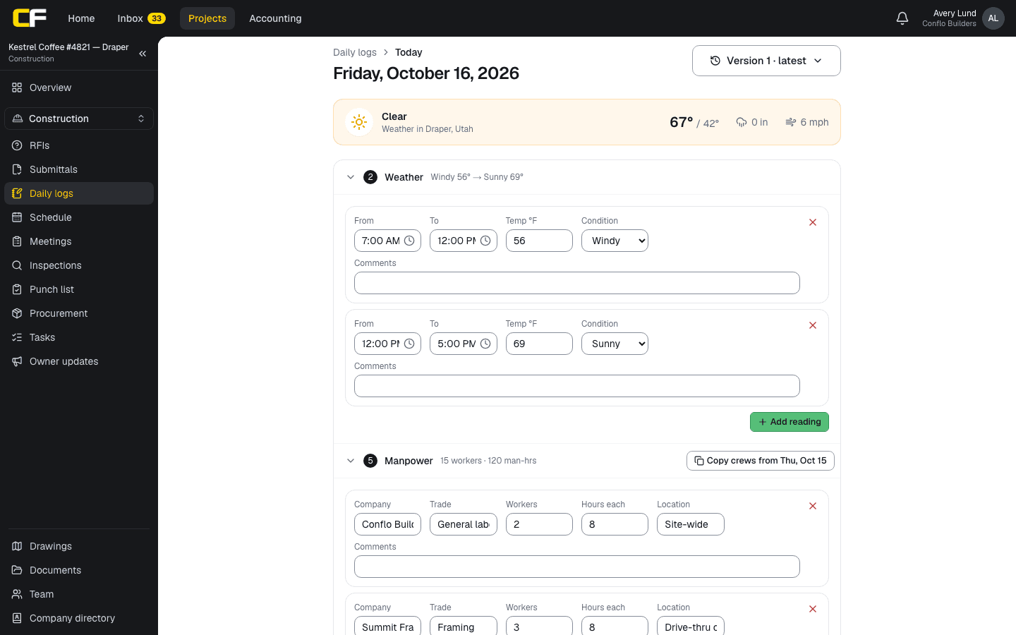 A day's daily log in Conflo: the day's weather pulled in for the job's location, weather readings through the day, and manpower by company with workers, hours and location, copied from the day before.