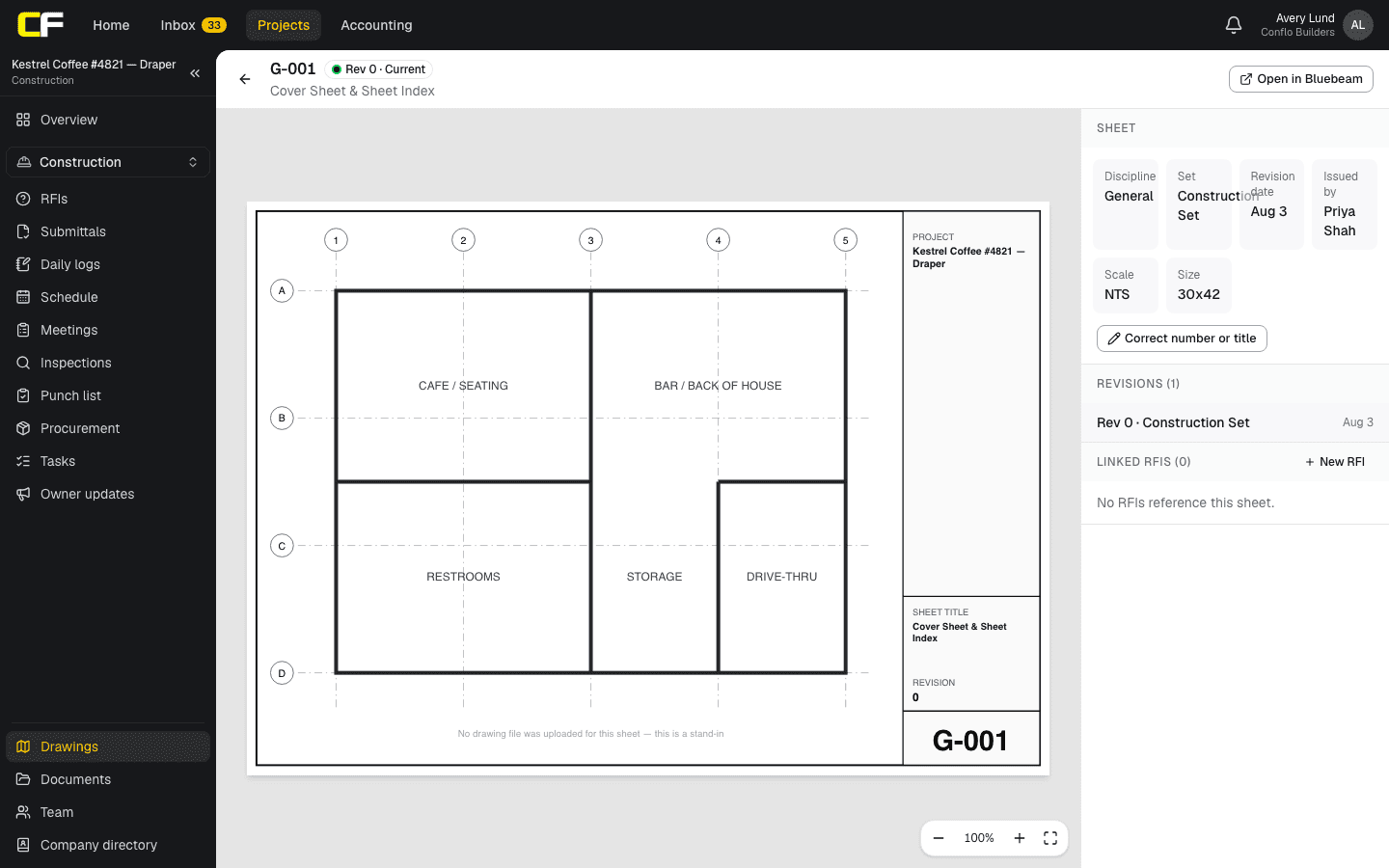A drawing sheet open in Conflo's viewer: the sheet with zoom controls, and a side panel with its discipline, set, revision date, who issued it, scale, size, revision history and linked RFIs.