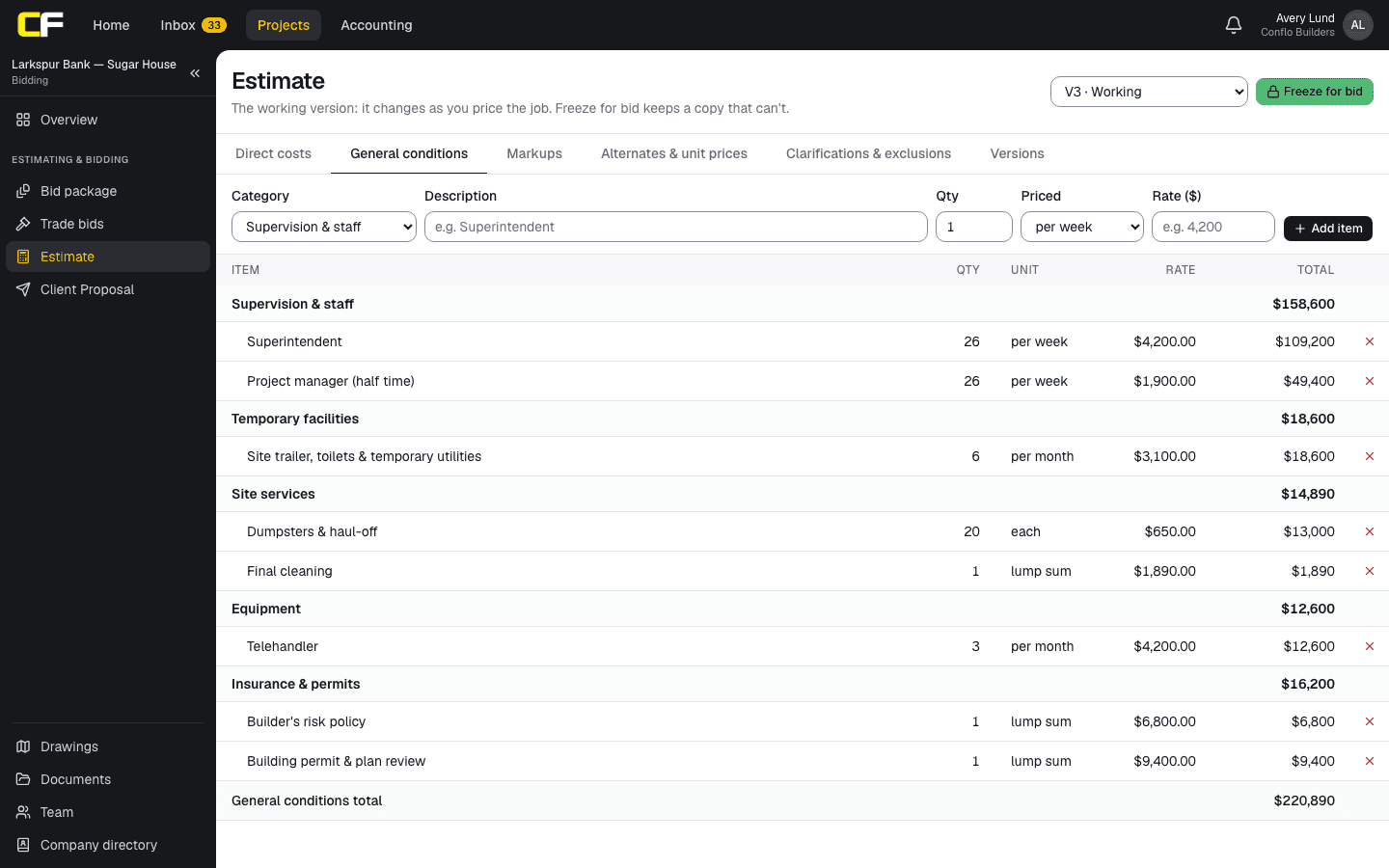 The General conditions tab of an estimate in Conflo: each item's category, quantity, unit and rate, grouped into supervision and staff (superintendent and project manager by the week), temporary facilities and equipment by the month, site services, and insurance and permits as lump sums, with each group's subtotal and the general conditions total.
