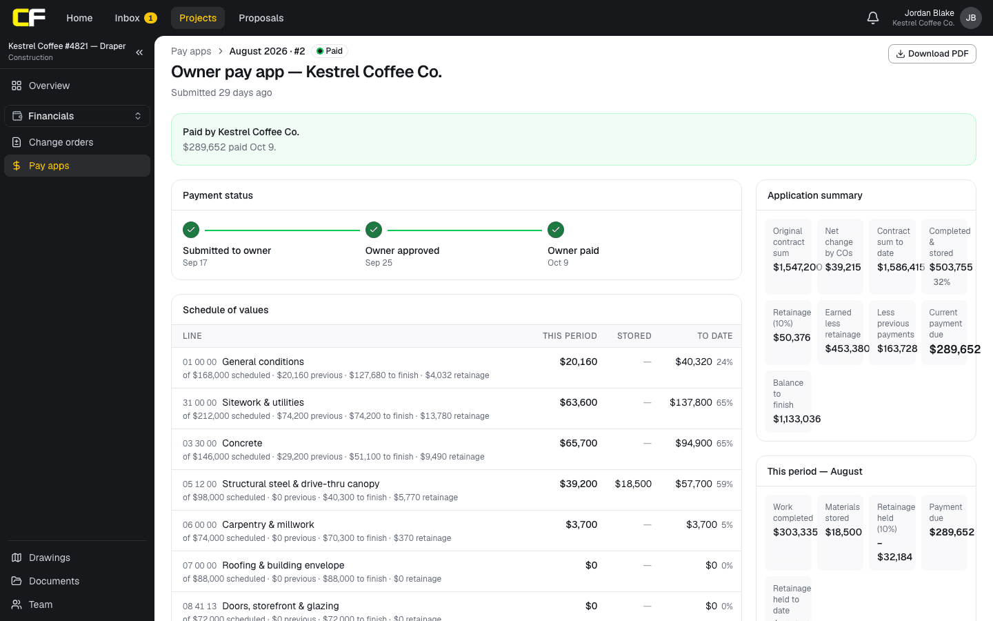 The GC's August pay app as the owner sees it in Conflo: paid, the payment steps from submitted to owner approved to owner paid, the application summary with net change by change orders, 10% retainage and current payment due, a This period panel with work completed, materials stored and retainage held, and the schedule of values line by line with this period, stored and to-date amounts.