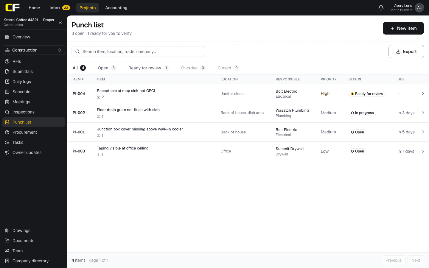 The Punch list in Conflo: each item's number, description and photo count, location, the responsible subcontractor and trade, priority, status and due date, with tabs for open, ready for review, overdue and closed.