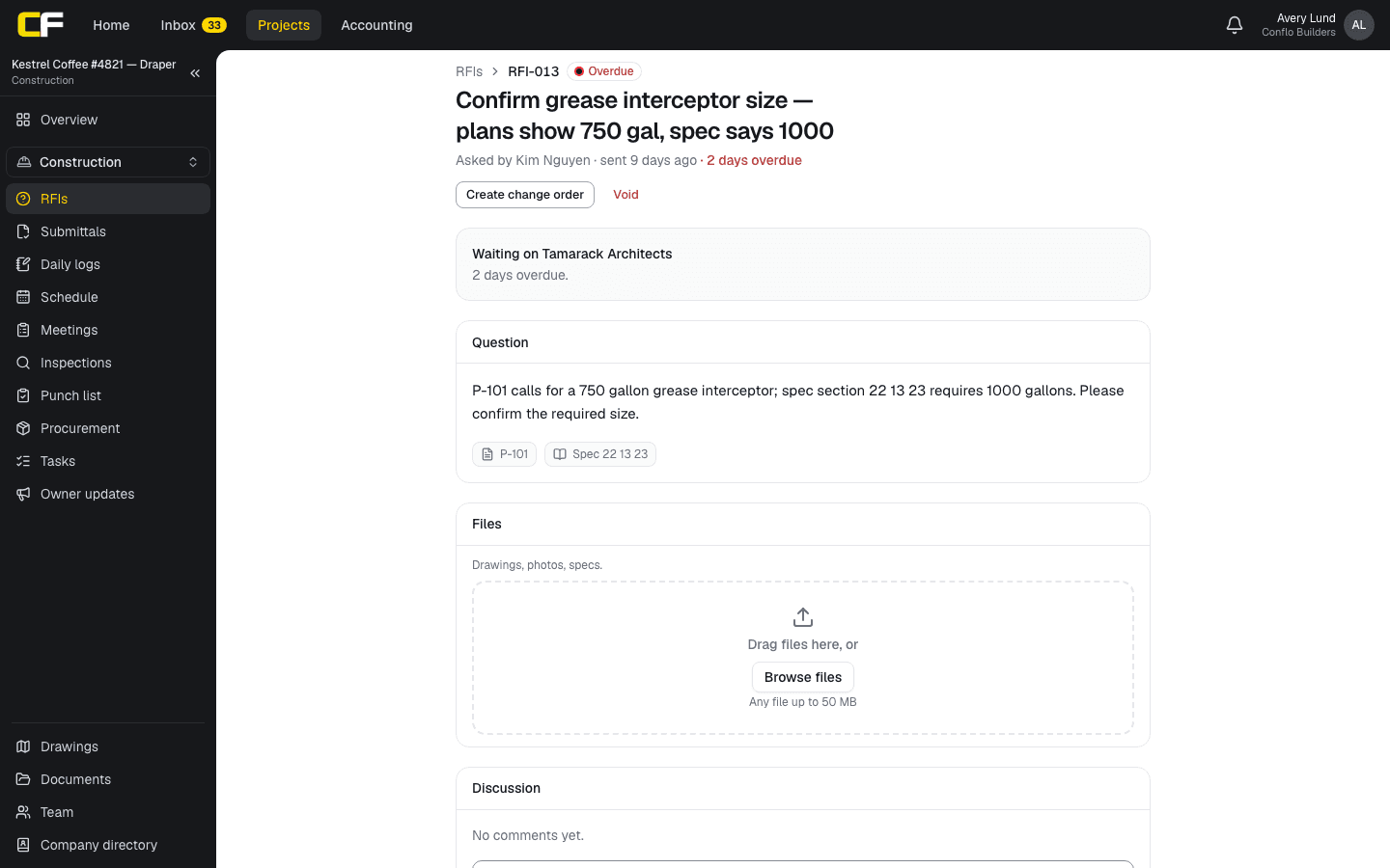 An overdue RFI in Conflo: a question about a grease interceptor whose size differs between plan sheet P-101 and the spec, the sheet and spec section it references, who it is waiting on and how late it is, a button to create a change order from it, files and the discussion.