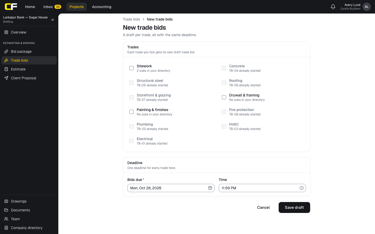 New trade bids in Conflo: a checkbox for each trade on the job, each showing how many subs in the directory work that trade or which trade bid is already started, and one bid deadline with a date and time for every draft.